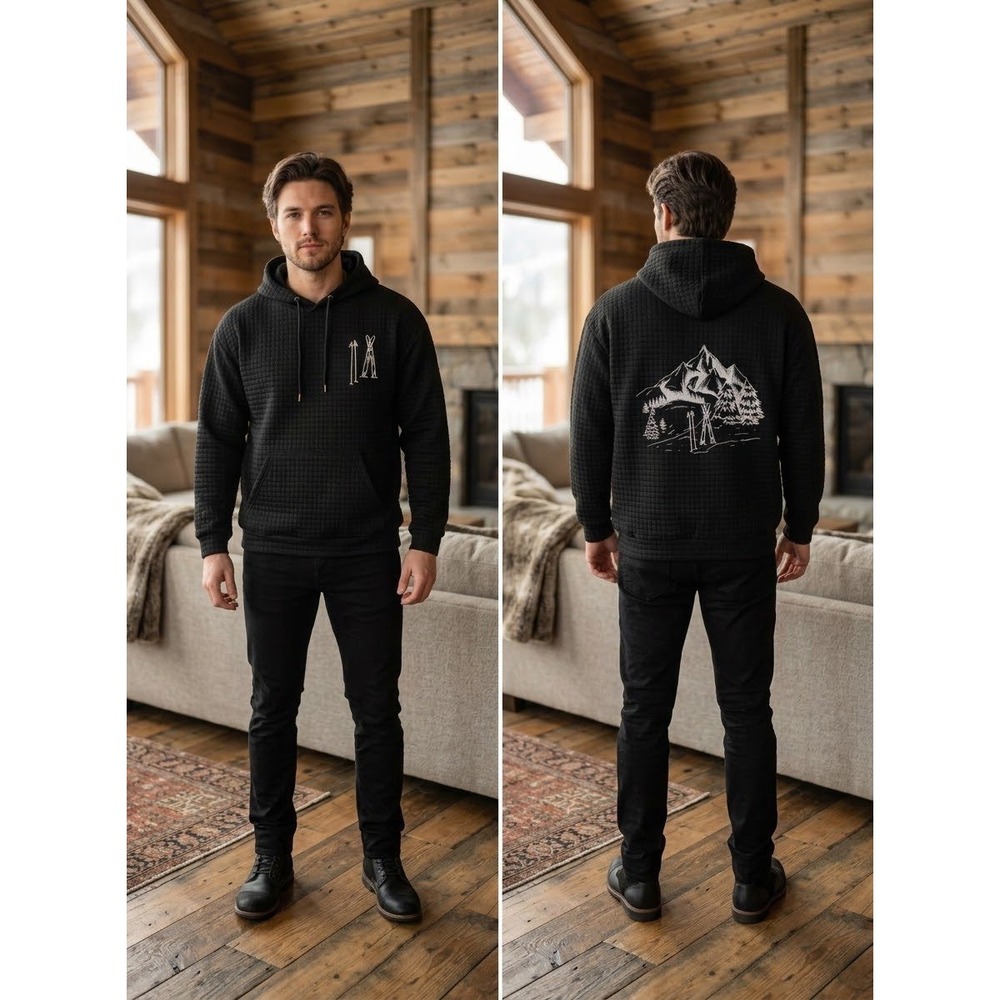 Ski Mountain Graphic Black Waffle Knit Pullover Hoodie Size S Small